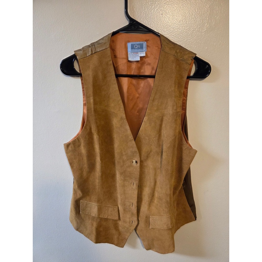 Vintage QPS Missy Tan Brown Pig Suede Leather Vest Size Large Boho Western Cinch